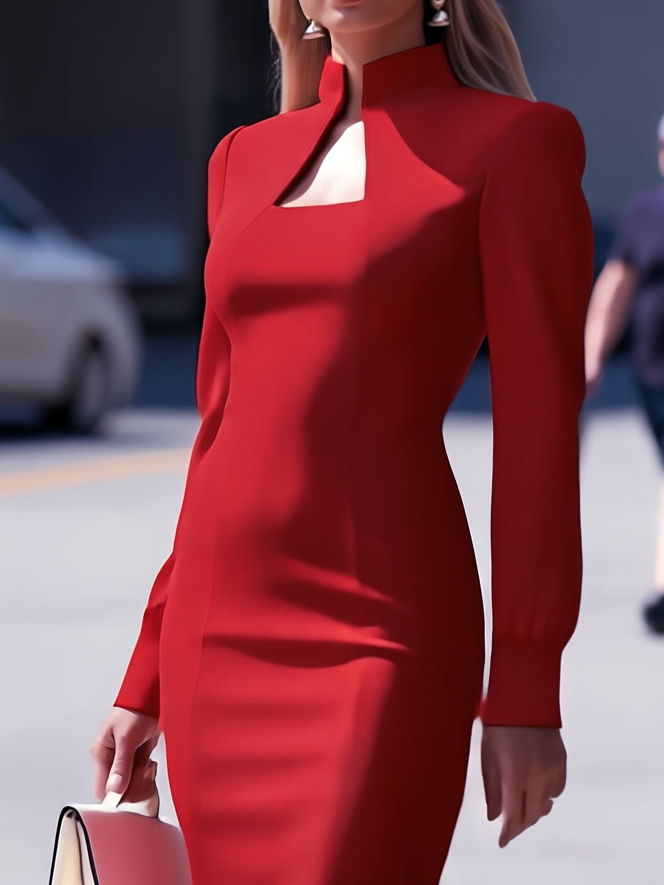 High neck long sleeve fitted mini dress with structured shoulders