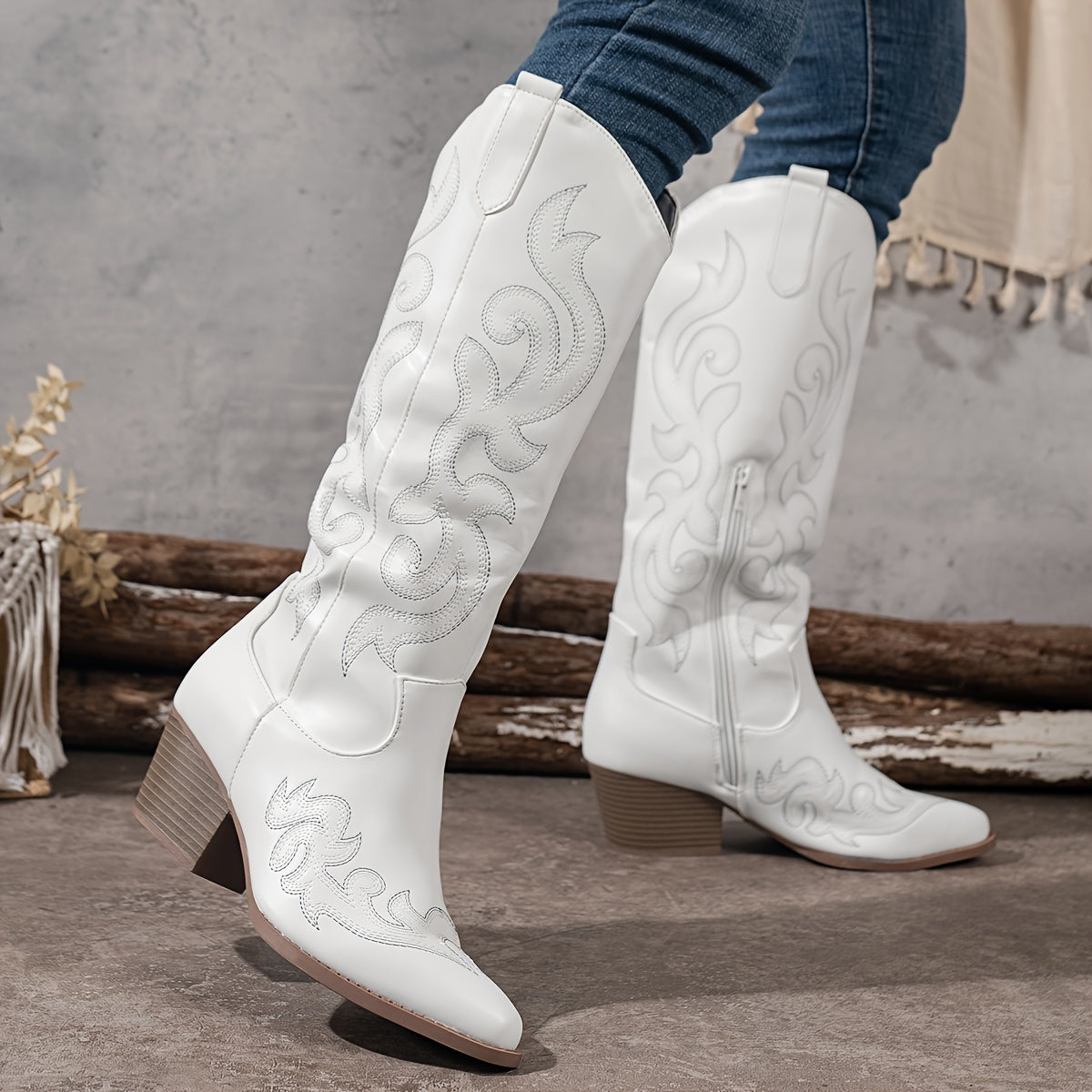 Knee-High Cowboy Boots with Block Heel