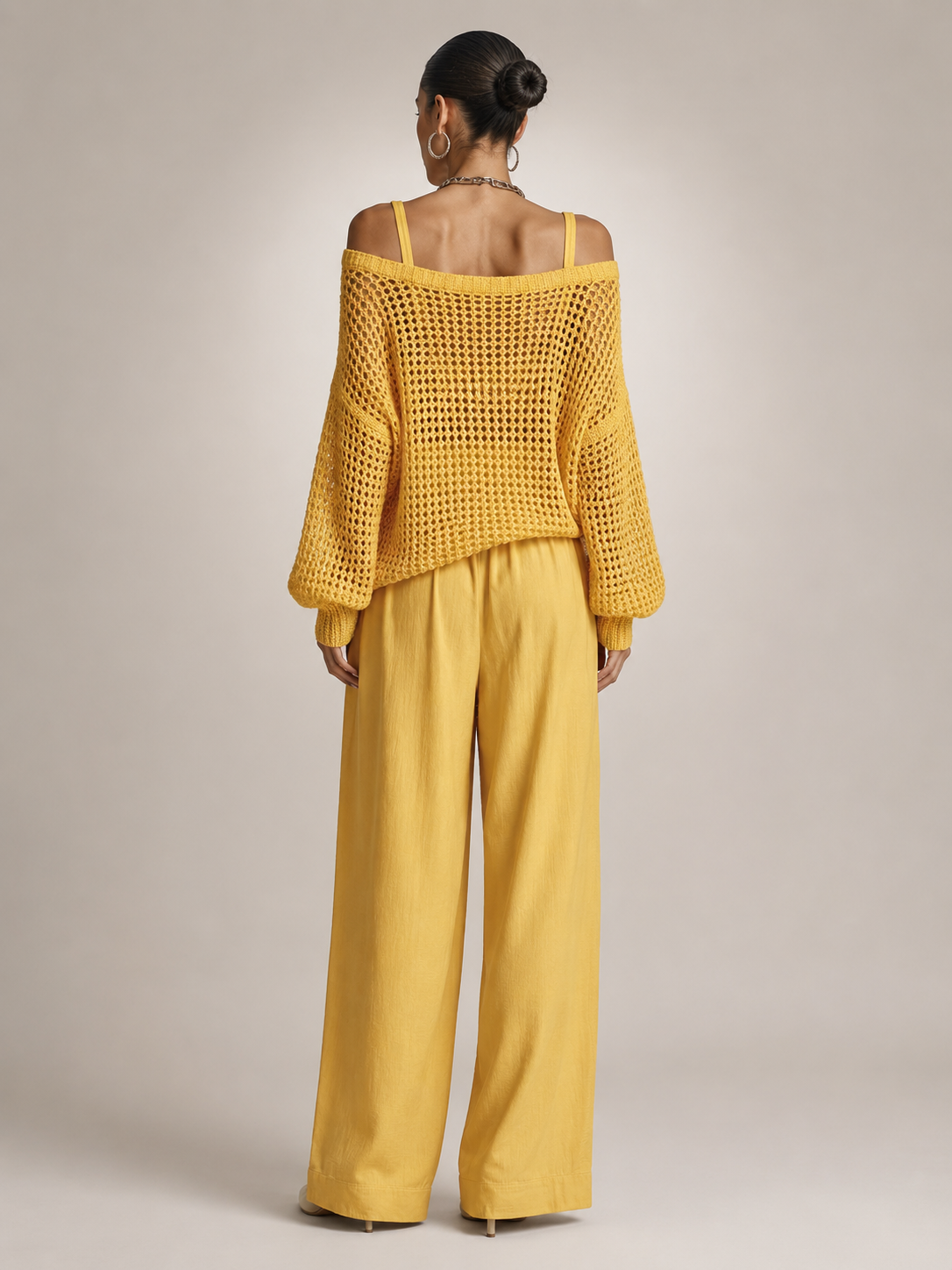 Off-Shoulder Knit Co-Ord Set with Wide-Leg Trousers
