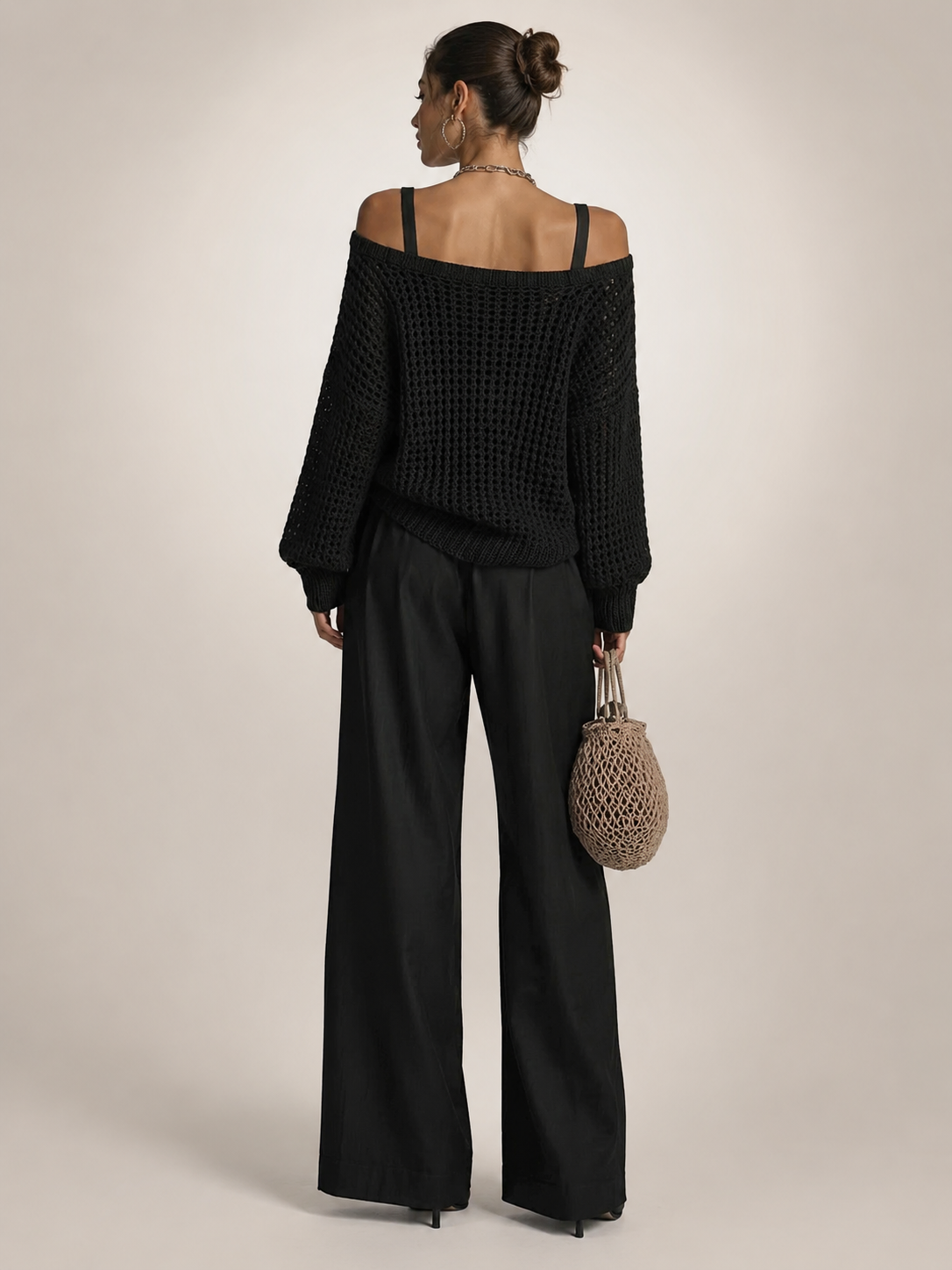 Off-Shoulder Knit Co-Ord Set with Wide-Leg Trousers