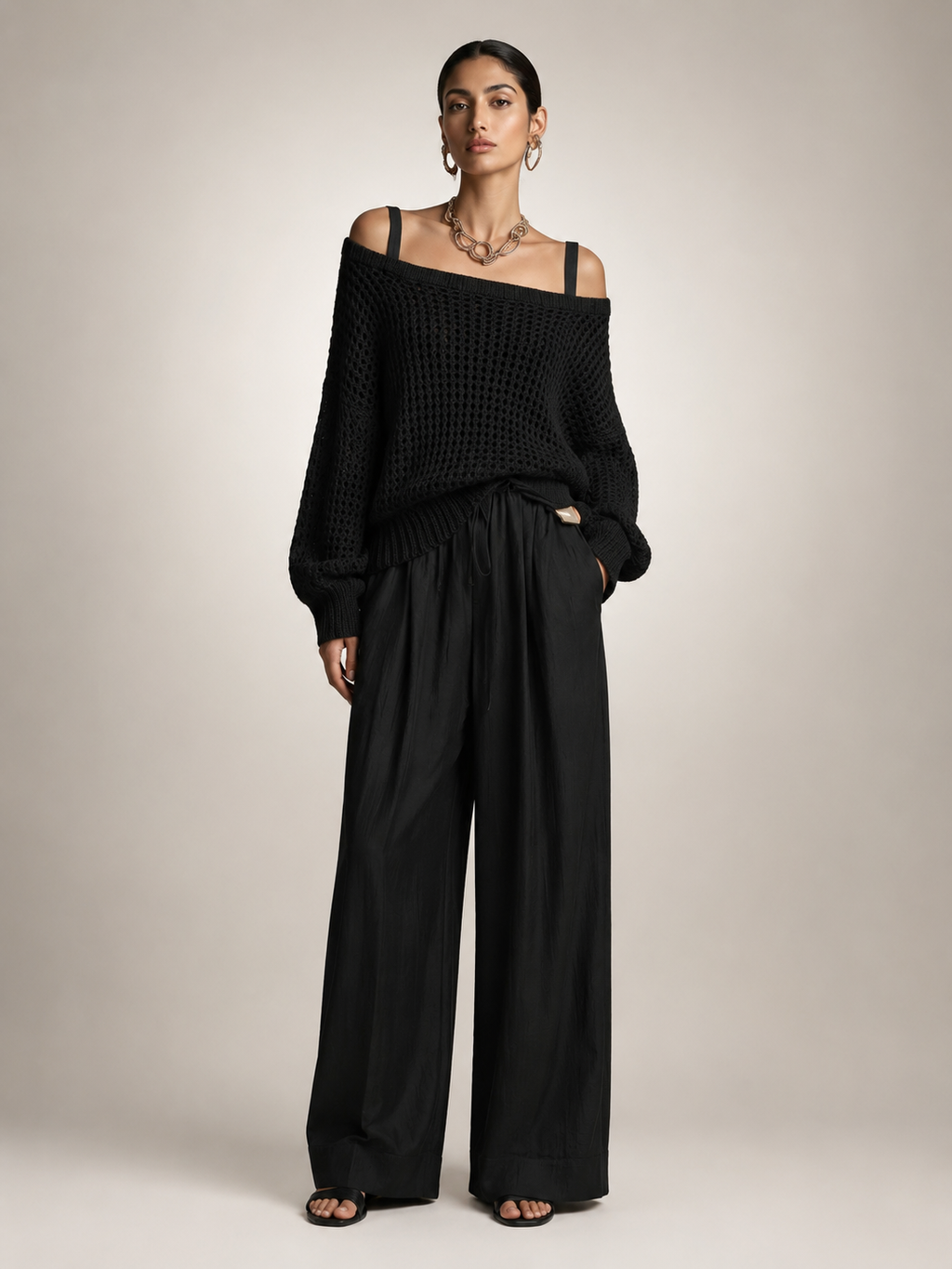 Off-Shoulder Knit Co-Ord Set with Wide-Leg Trousers