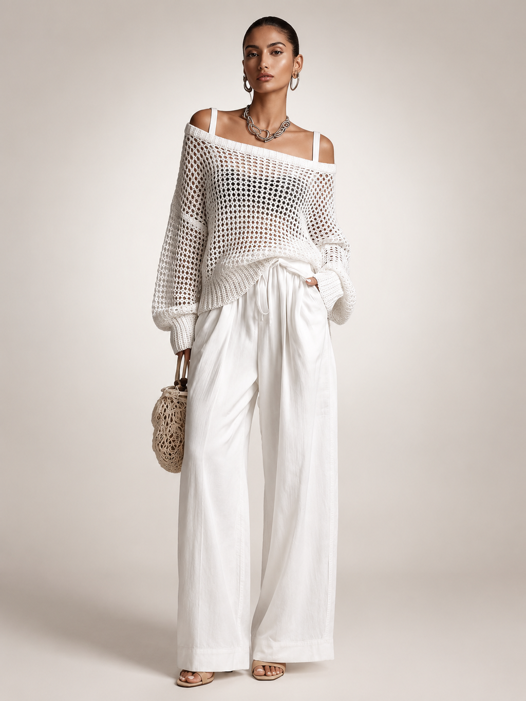 Off-Shoulder Knit Co-Ord Set with Wide-Leg Trousers