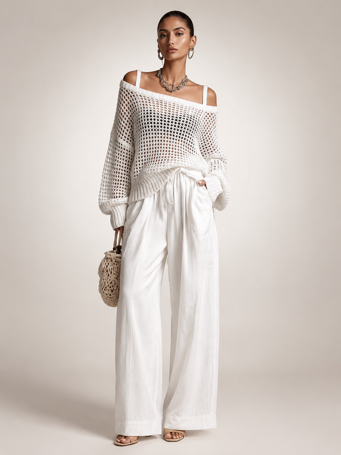 Off-Shoulder Knit Co-Ord Set with Wide-Leg Trousers