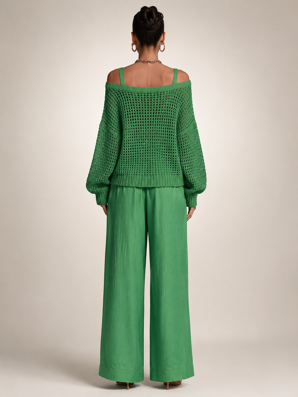 Off-Shoulder Knit Co-Ord Set with Wide-Leg Trousers