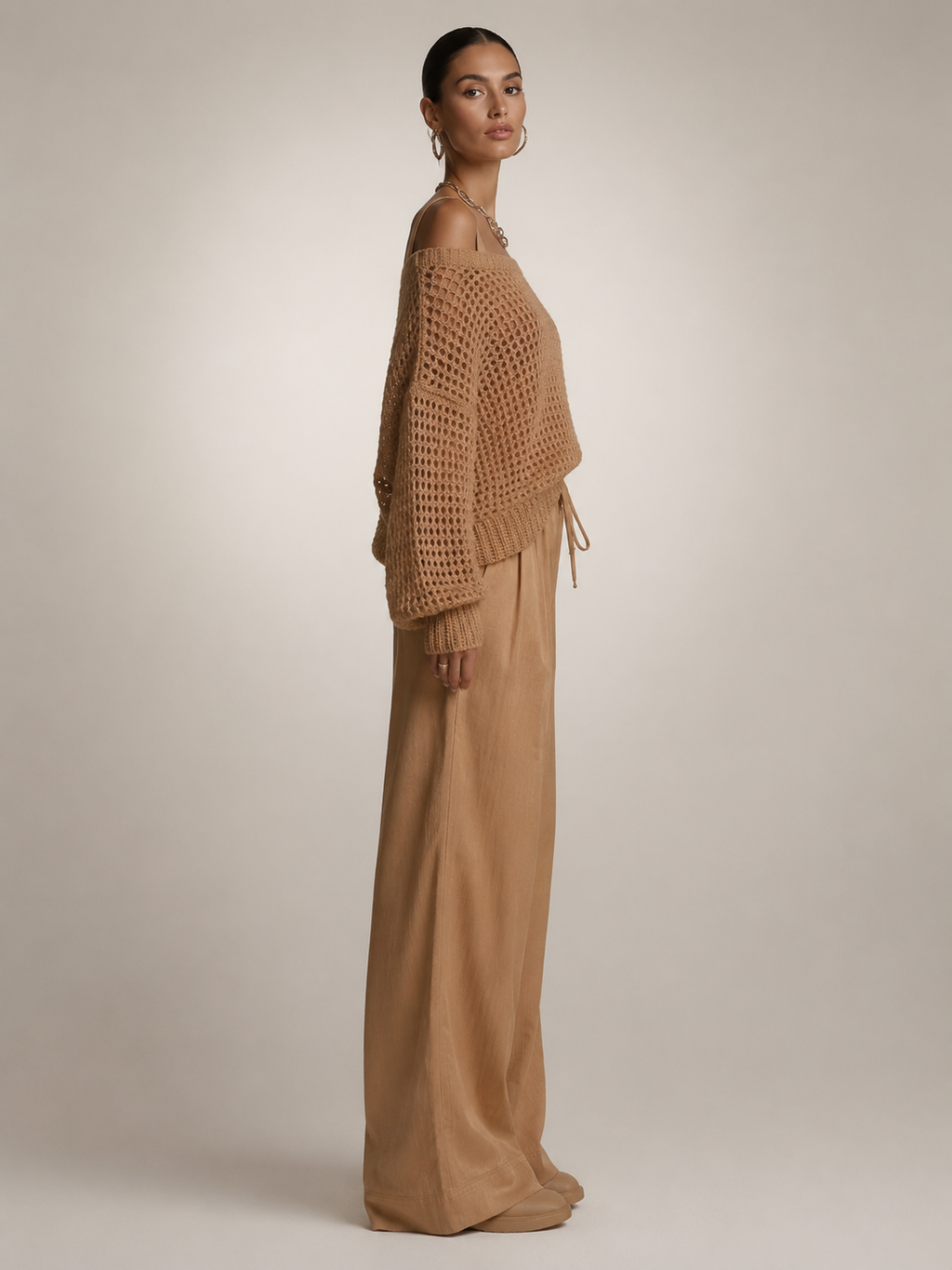Off-Shoulder Knit Co-Ord Set with Wide-Leg Trousers