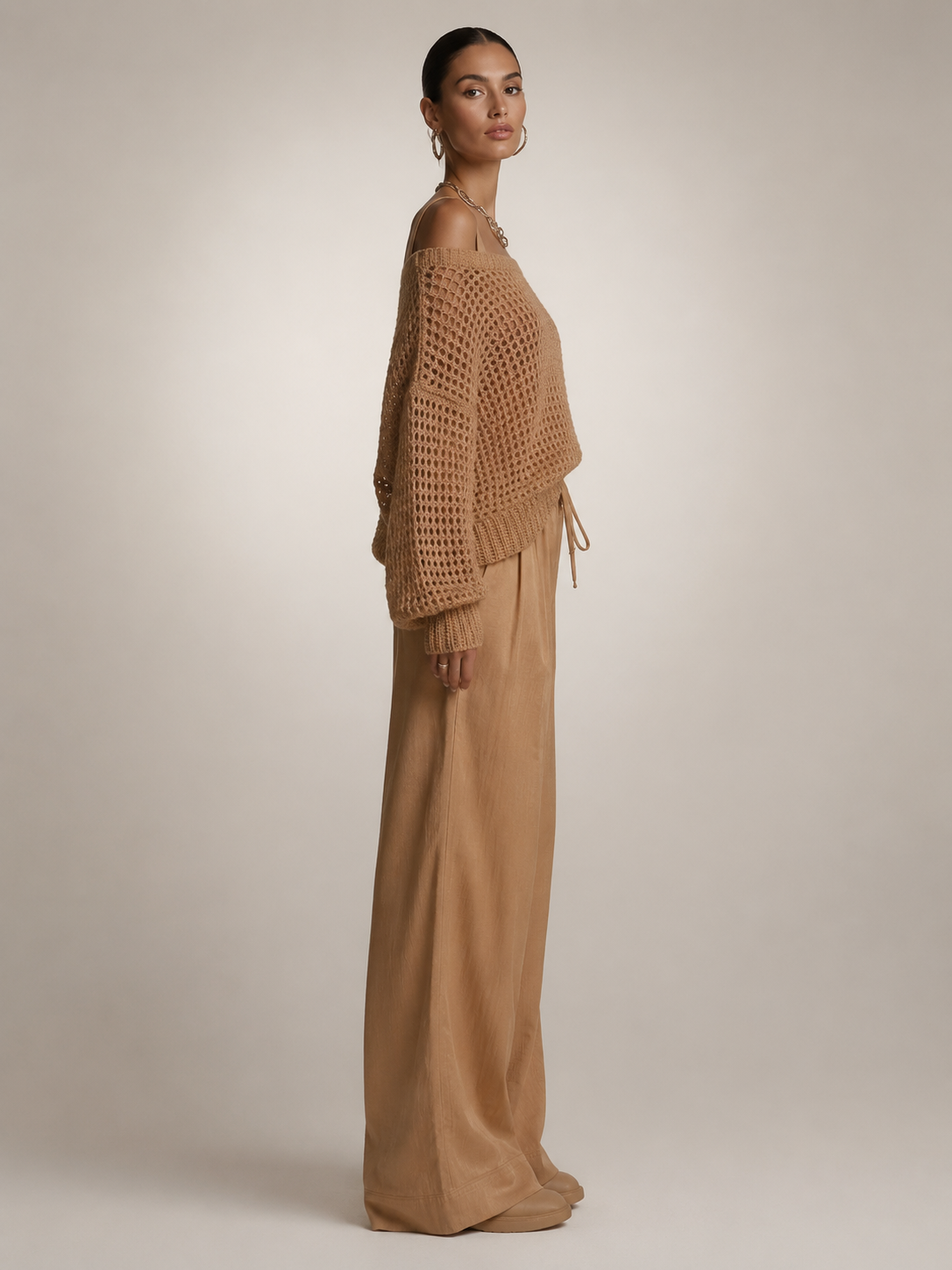Off-Shoulder Knit Co-Ord Set with Wide-Leg Trousers