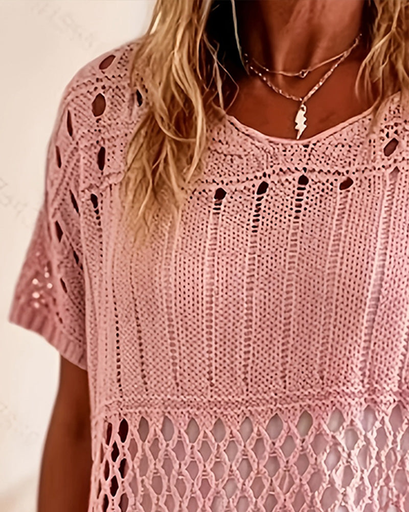 Women's Pink Round Neck Hollow-Out Knit Jumper