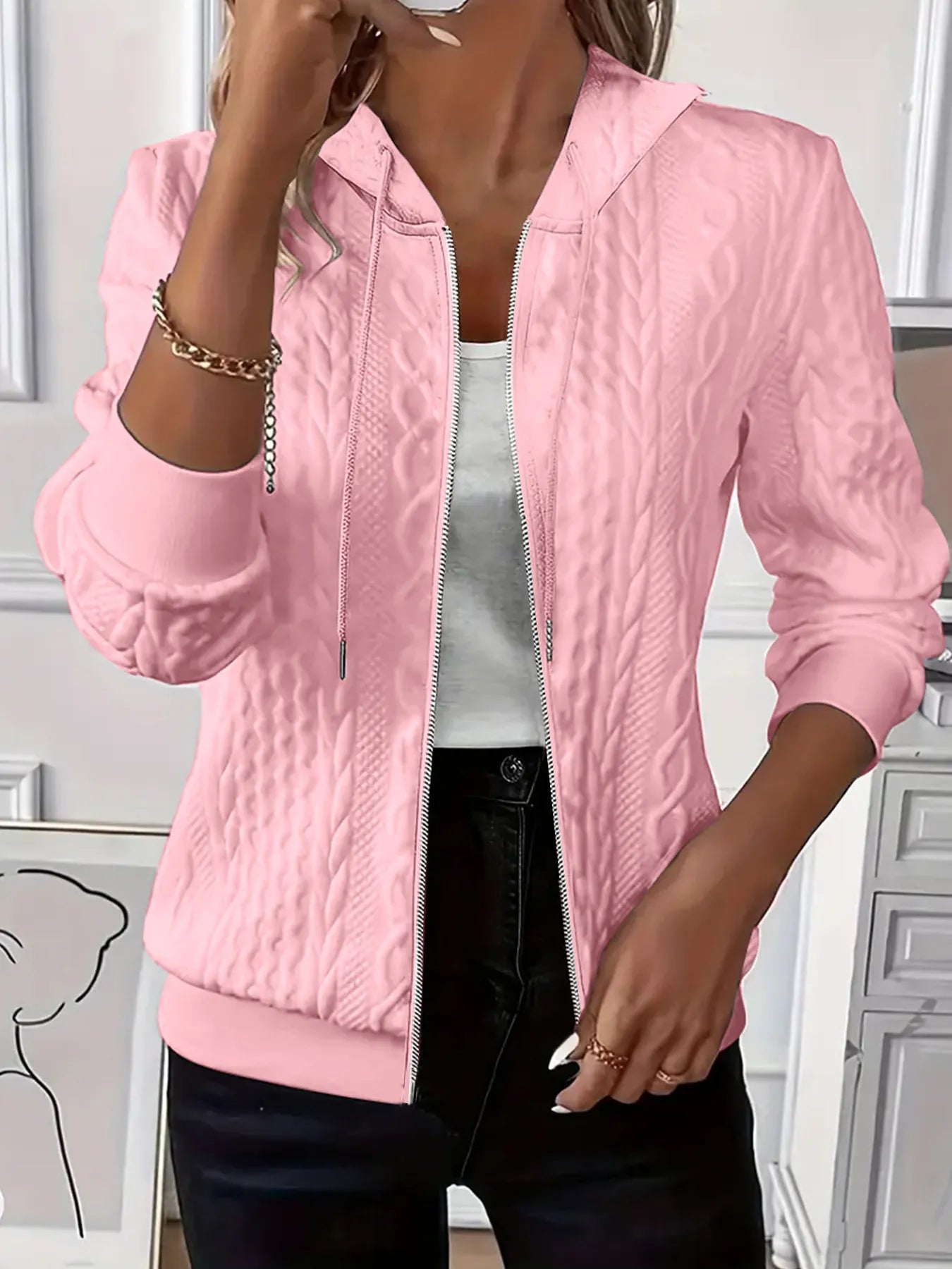 Pink Jacquard Hooded Jacket