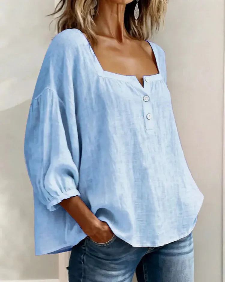 Square neck half-button shirt model wearing side view | Alba Muse