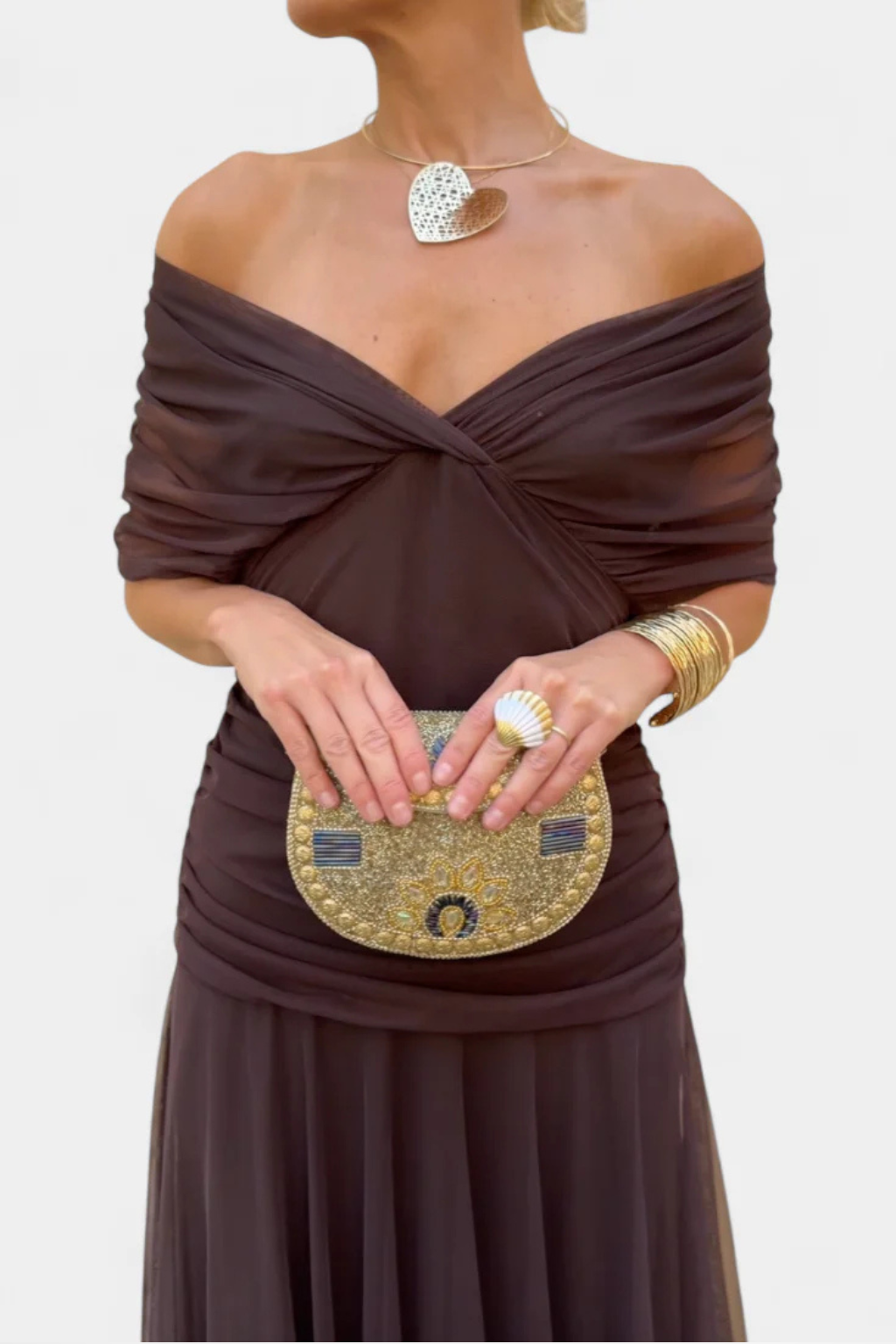 Front view of women's off shoulder dress with pleated bodice