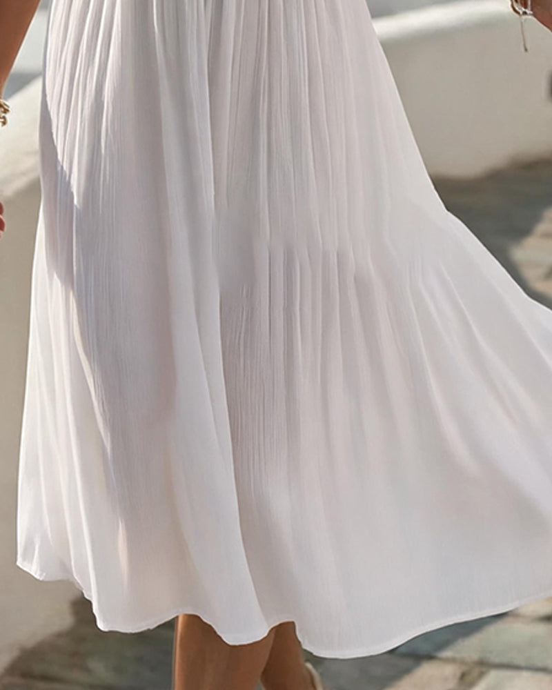 White lace patchwork spaghetti strap midi dress, back view