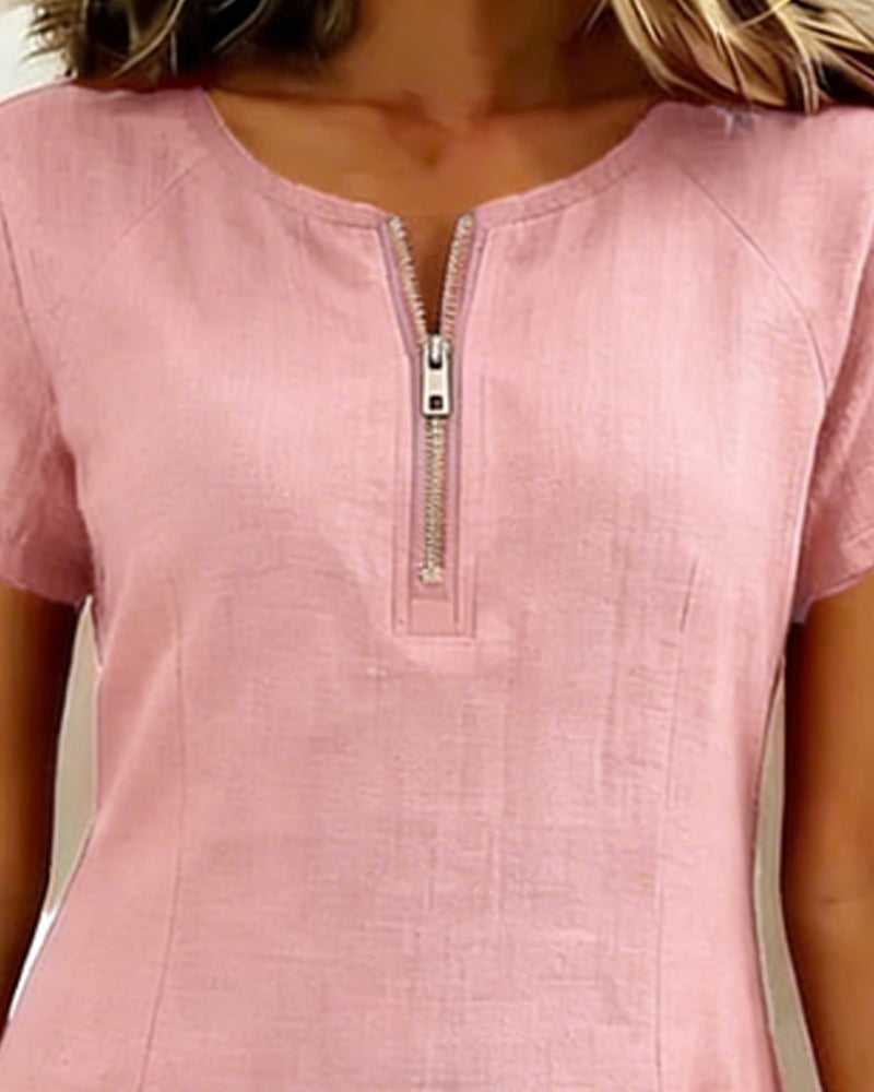 Round Neck Short Sleeve Pocket Zip Cotton Linen Dress