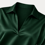 Women's satin blouse in green – collar detail close up