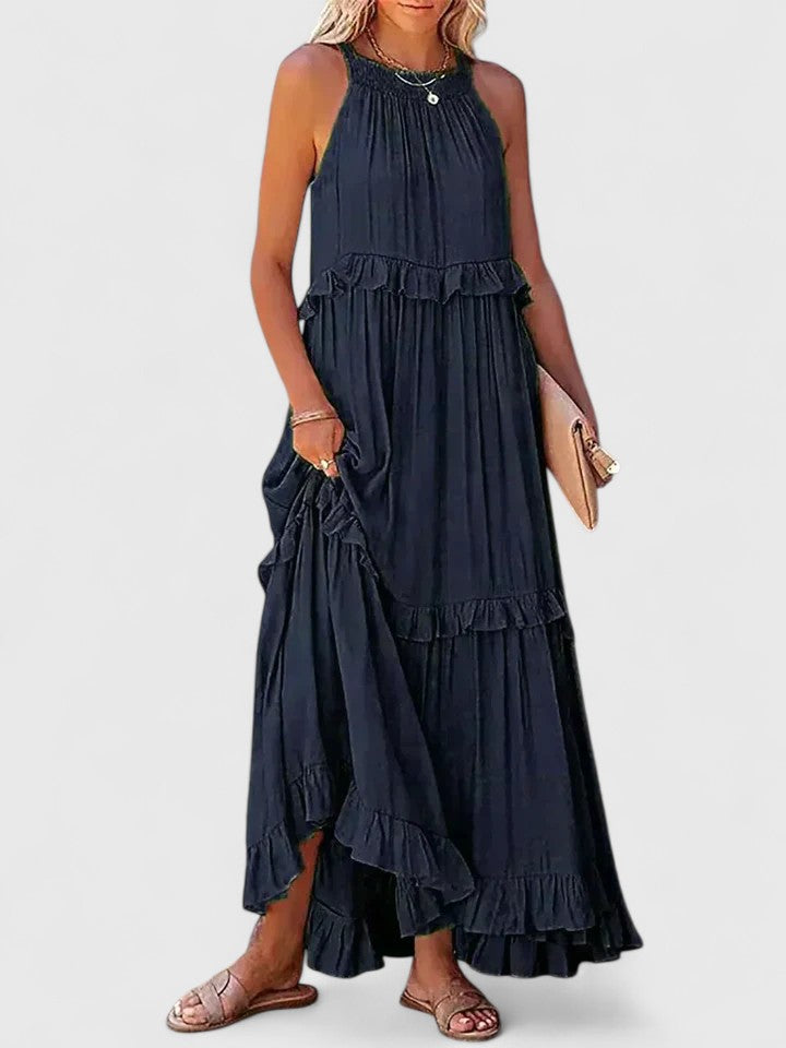 Sleeveless ruffle maxi dress in red, front view