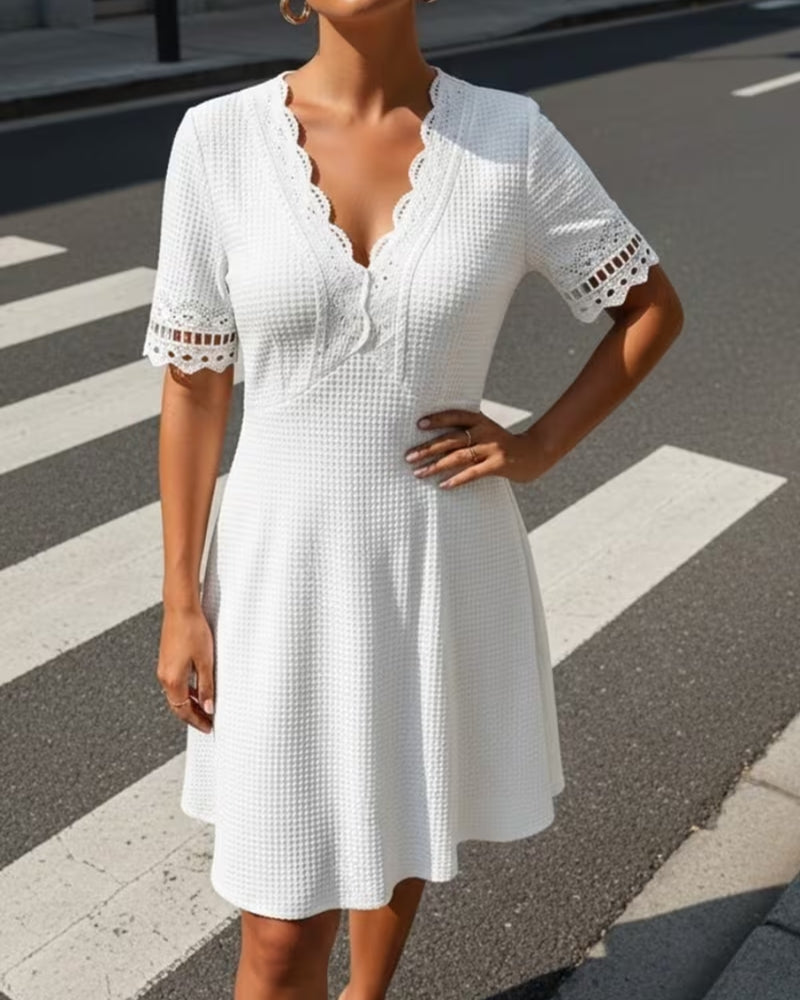 White V-Neck Lace Patchwork Waffle Midi Dress — worn on model