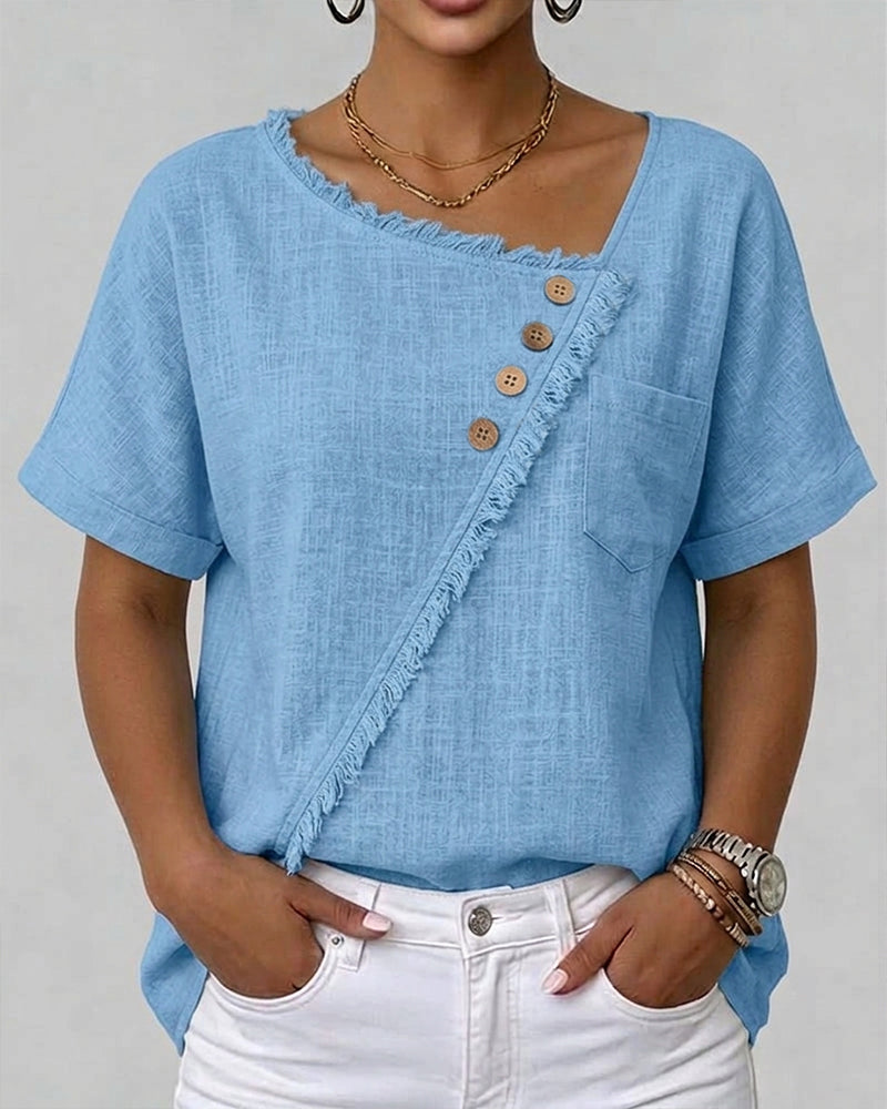 Raw edge bias cut button short sleeve blouse, front view
