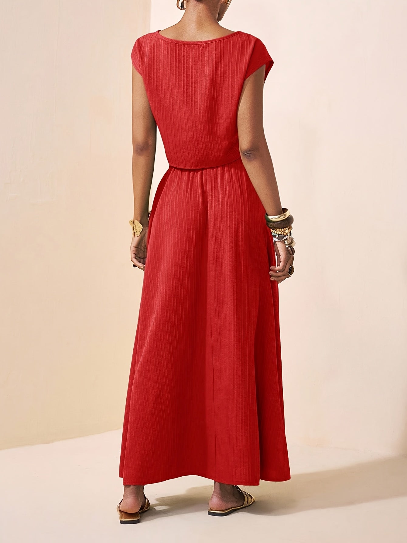 Striped Top & Pleated Maxi Skirt Co-ord Set in Red, model view