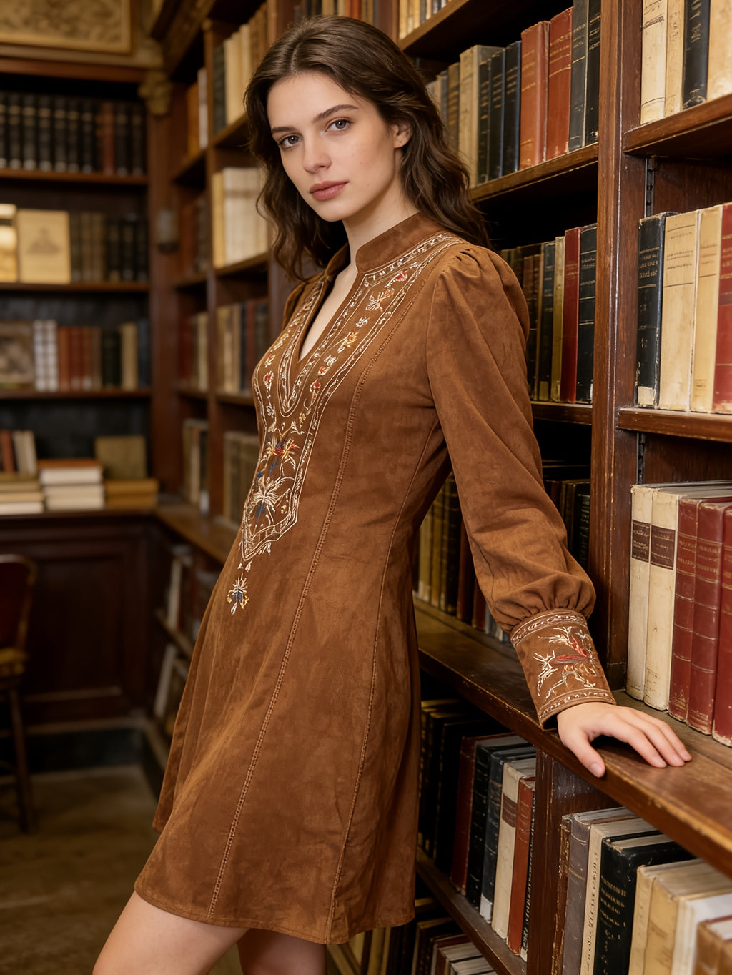 Navy Embroidered Lantern Sleeve Mini Dress
