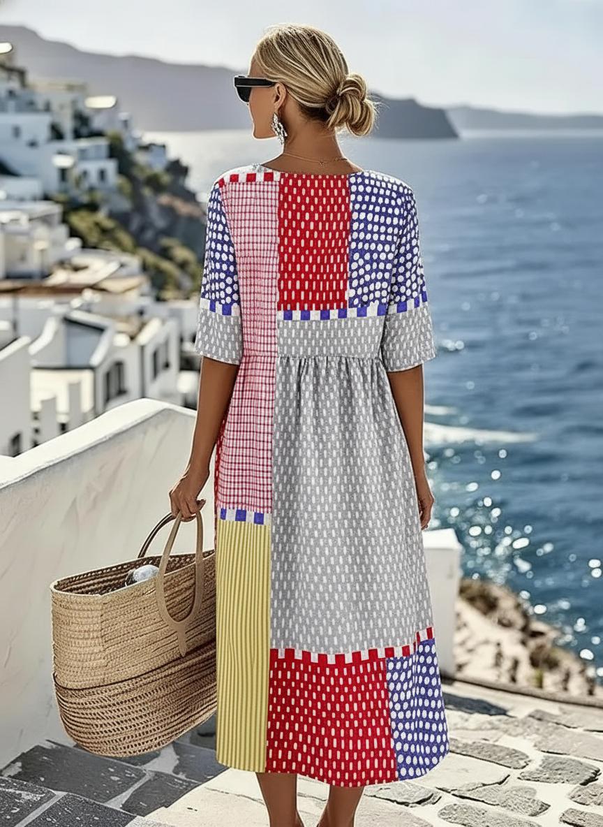 Colour block geometric print midi dress with pockets, full length view