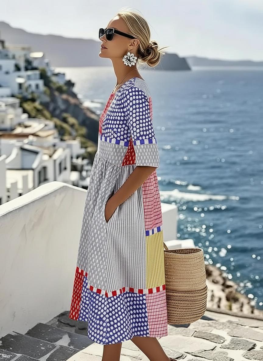 Colour block geometric print midi dress, side view