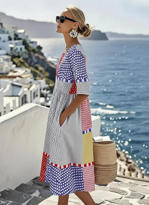 Colour block geometric print midi dress, side view