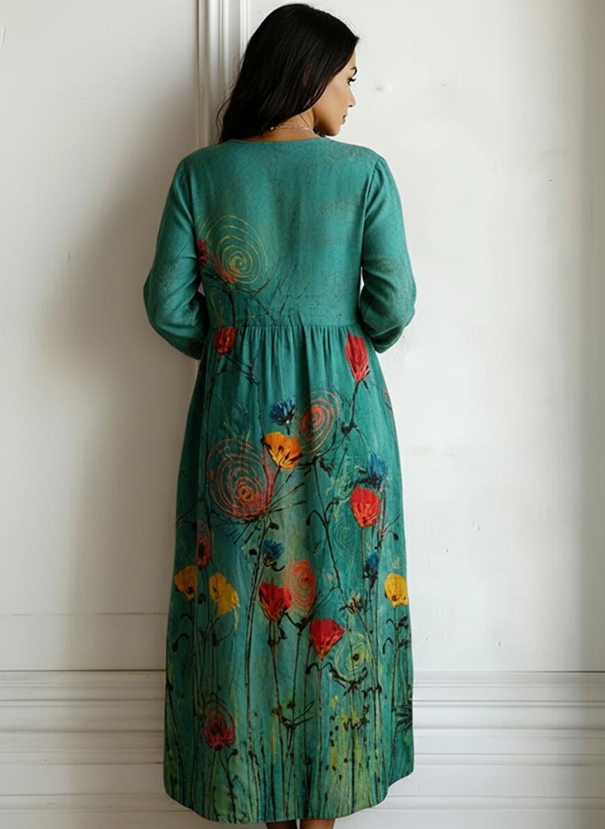 Women's teal floral print V-neck maxi dress with pockets, full length view