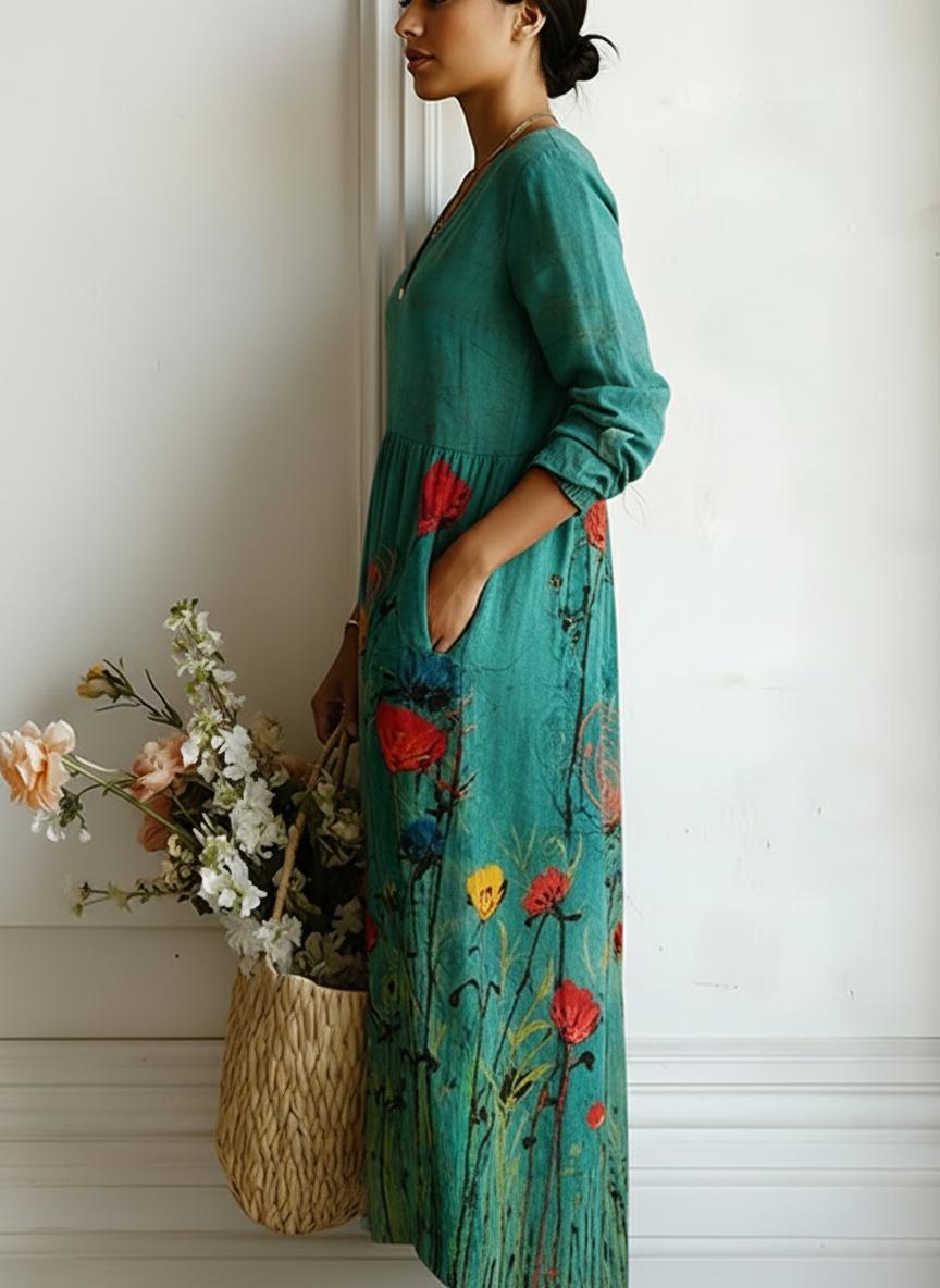 Women's teal floral print V-neck maxi dress, side view