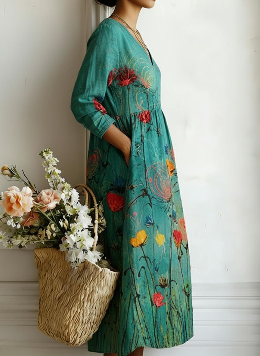 Women's teal floral print maxi dress, back view