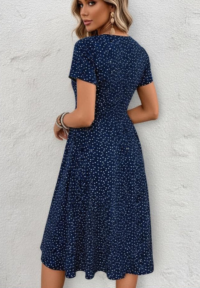 Polka dot button-front V-neck occasion midi dress, full length view