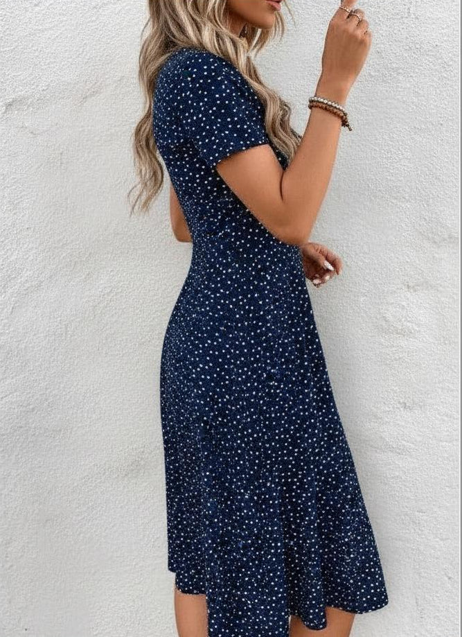 Polka dot button-front midi dress, back view