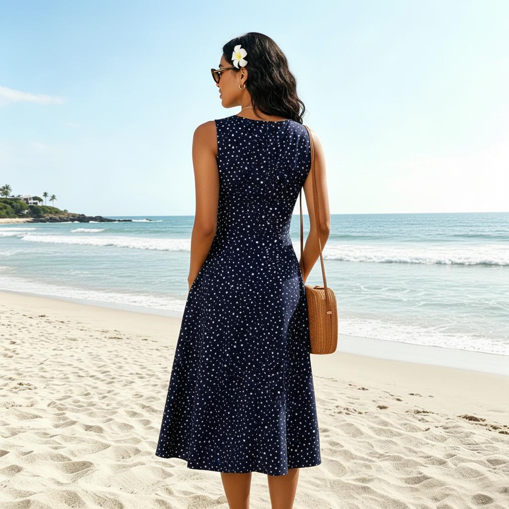 Women's navy polka dot fit-and-flare midi dress, full length view