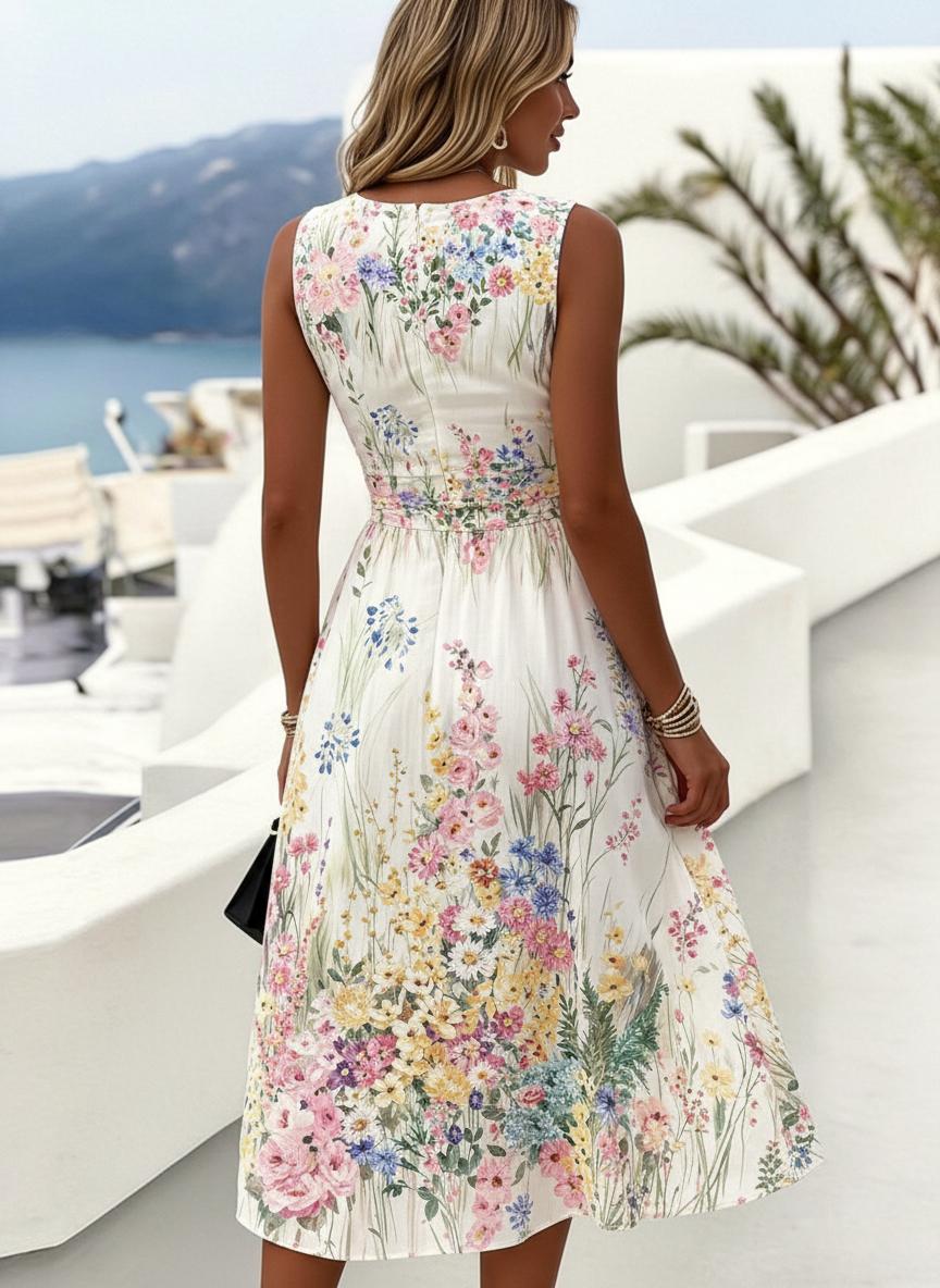 Sleeveless floral garden party midi dress, back view