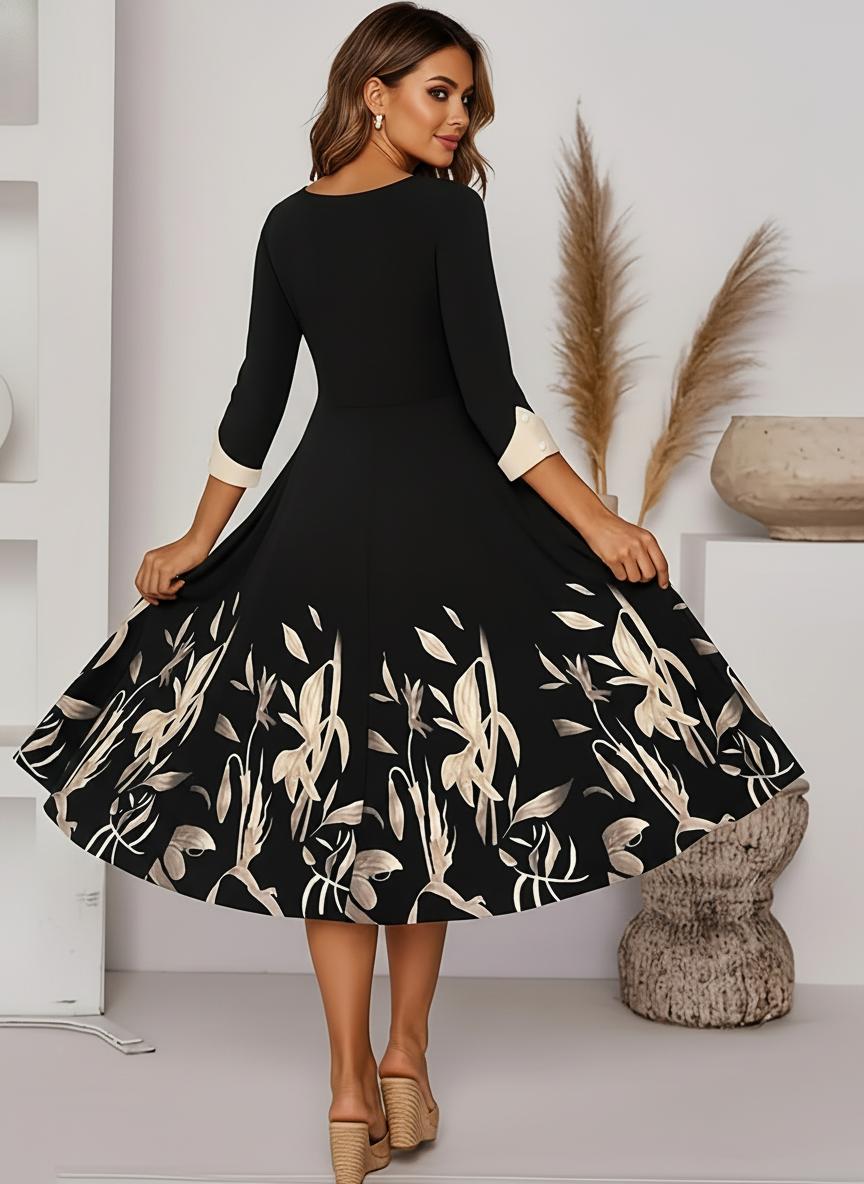 Three-quarter sleeve floral midi dress, back view