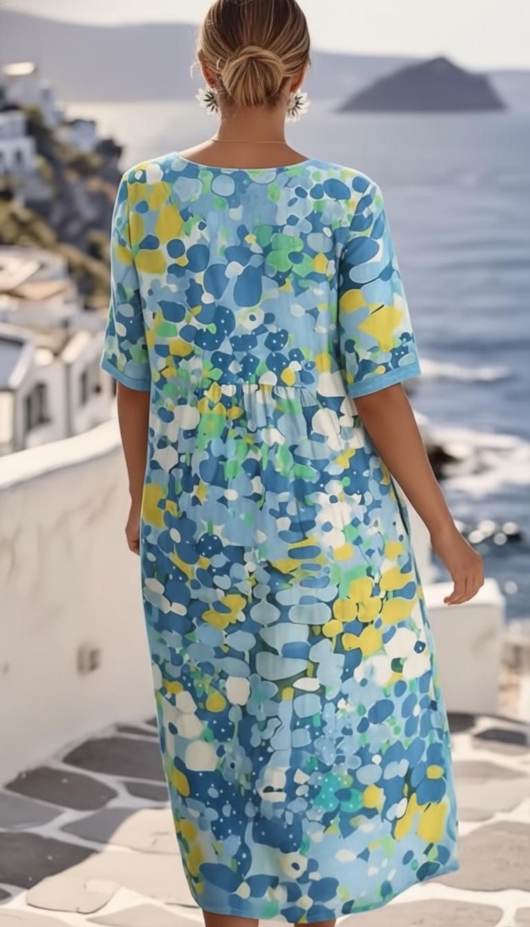Floral print short sleeve midi dress with side pockets, back view