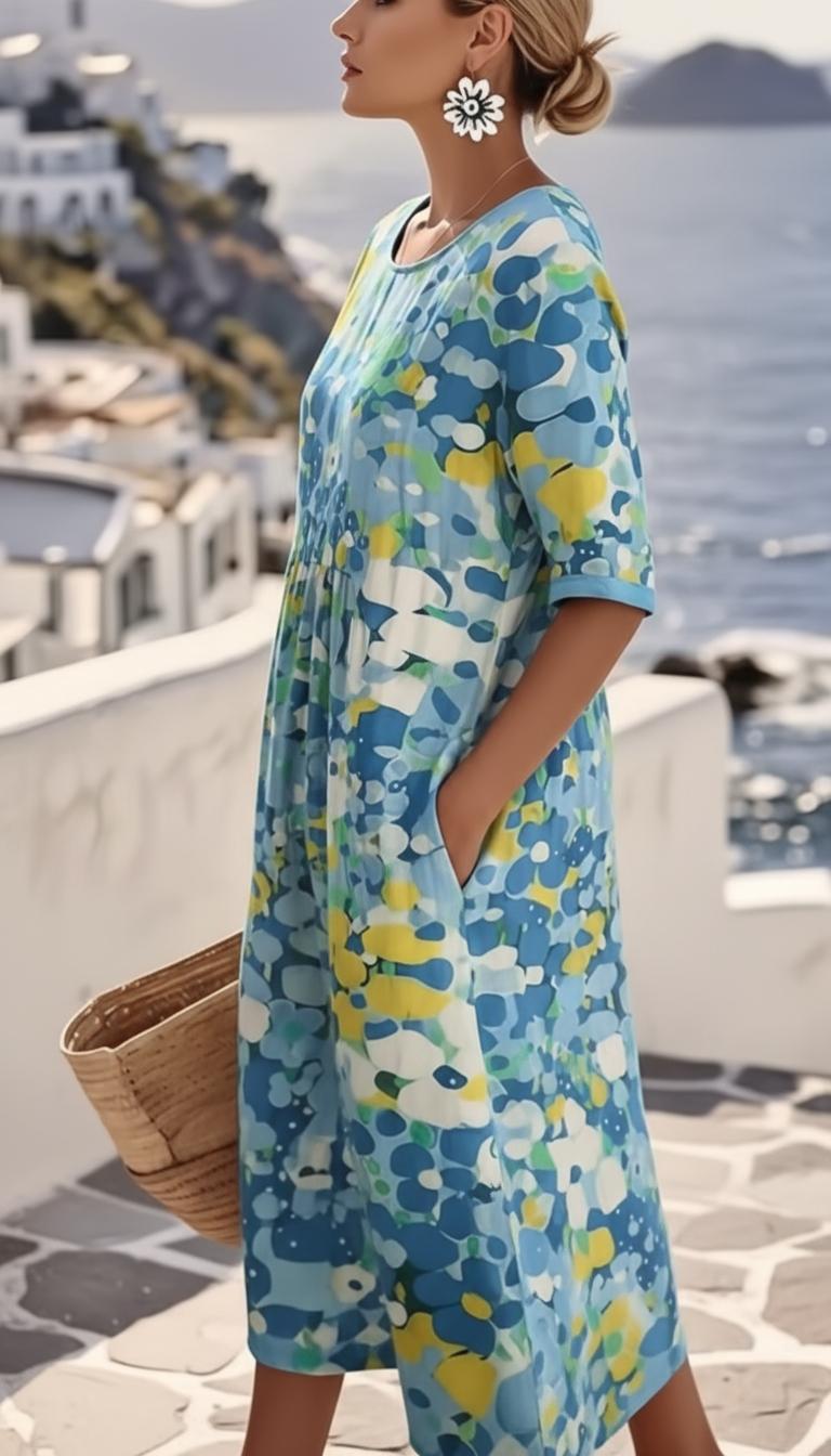 Casual wedding guest midi dress in blue floral print, side view