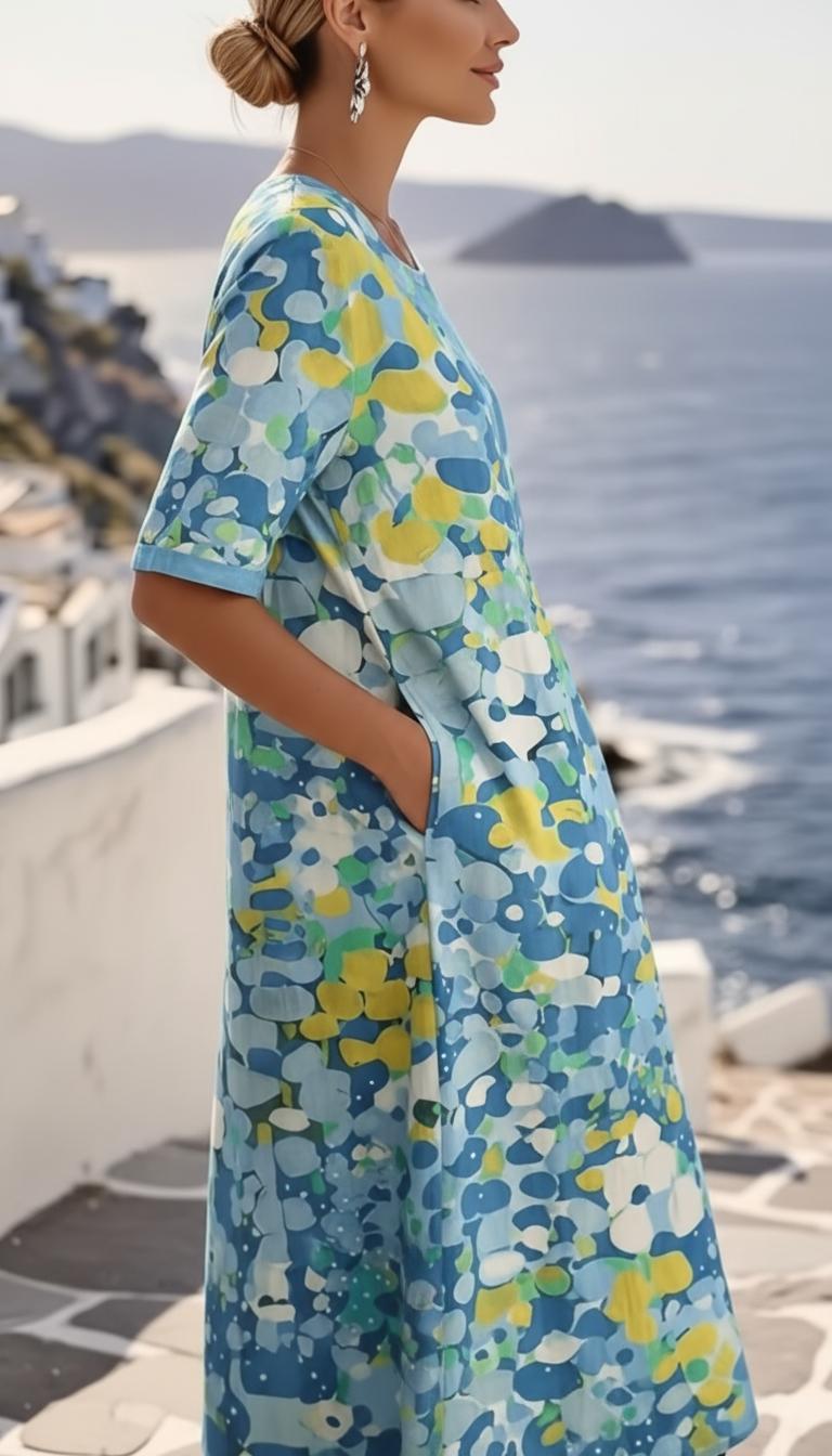 Blue abstract floral A-line midi dress with gathered waist, three-quarter view