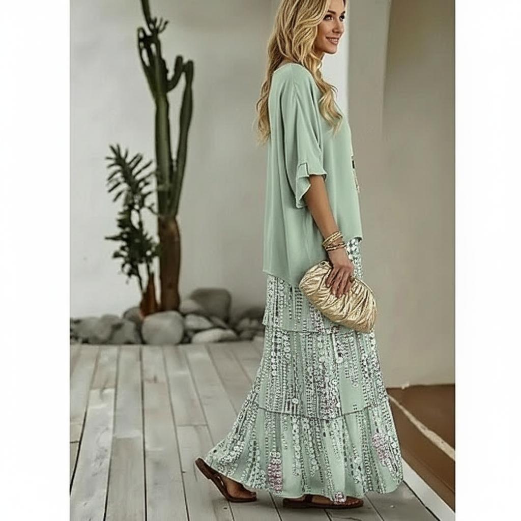 Sequin print maxi skirt and top set, three-quarter view