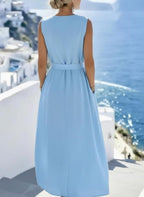 Sleeveless linen-blend belted maxi dress in light blue, back view