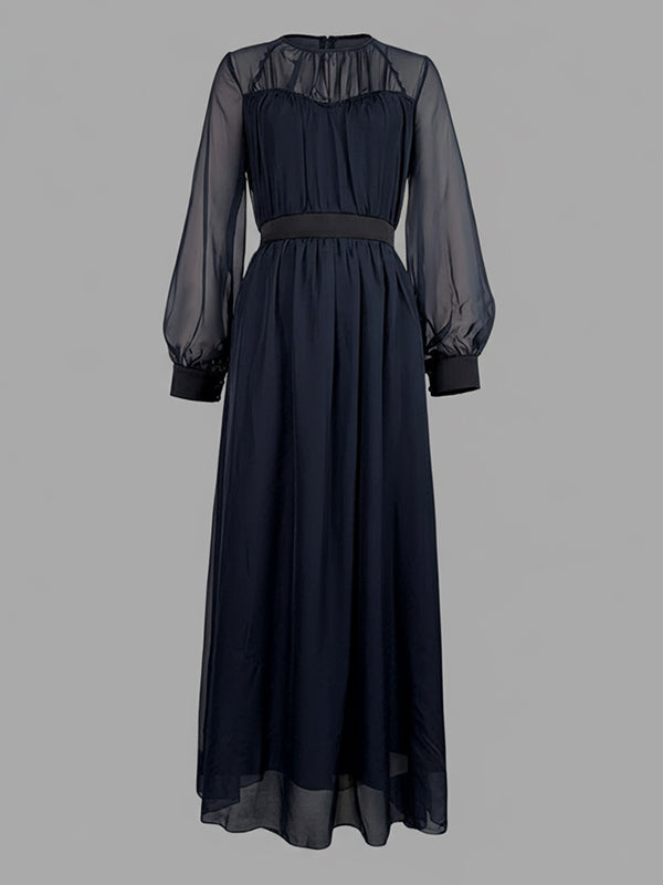 Navy blue gauze pleated maxi dress