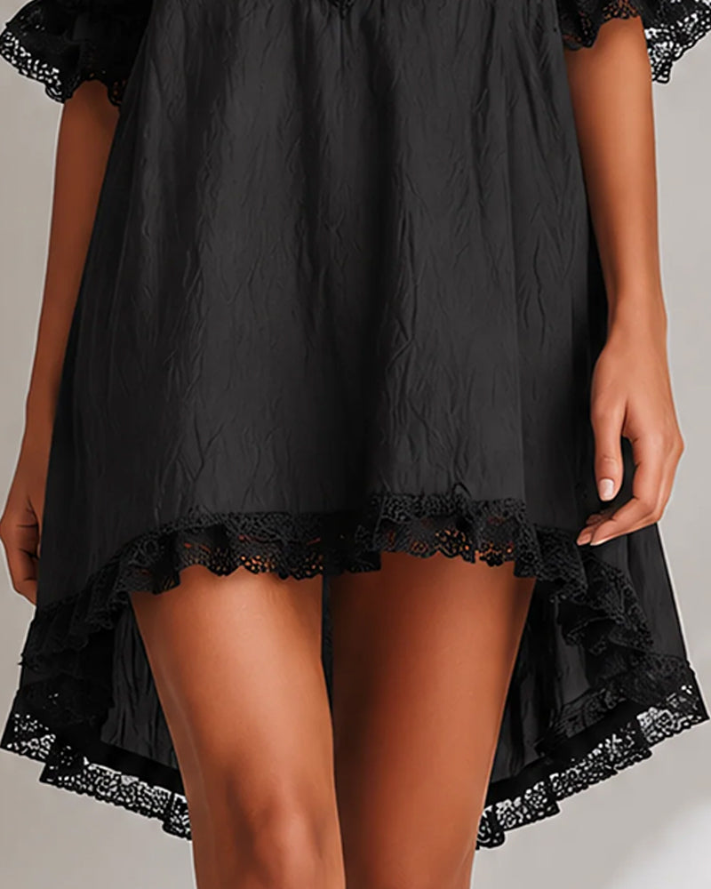 Asymmetrical mini dress with lace patchwork, full view