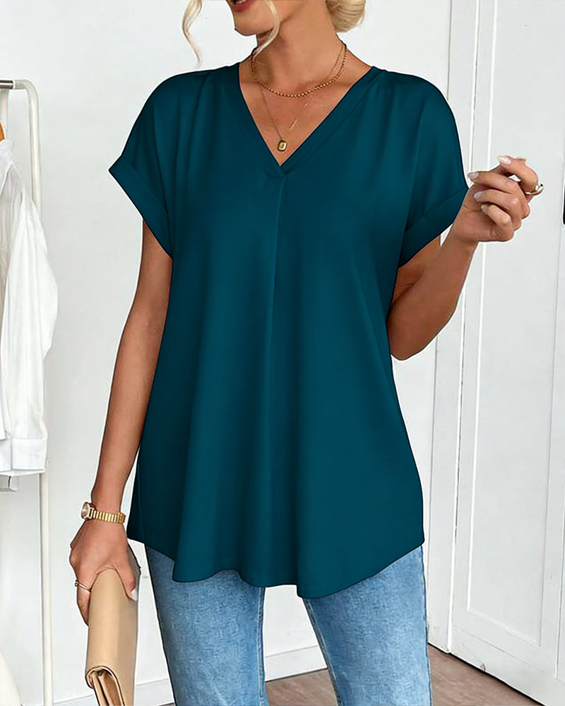 V-Neck Solid Colour Patchwork Short Sleeve T-Shirt