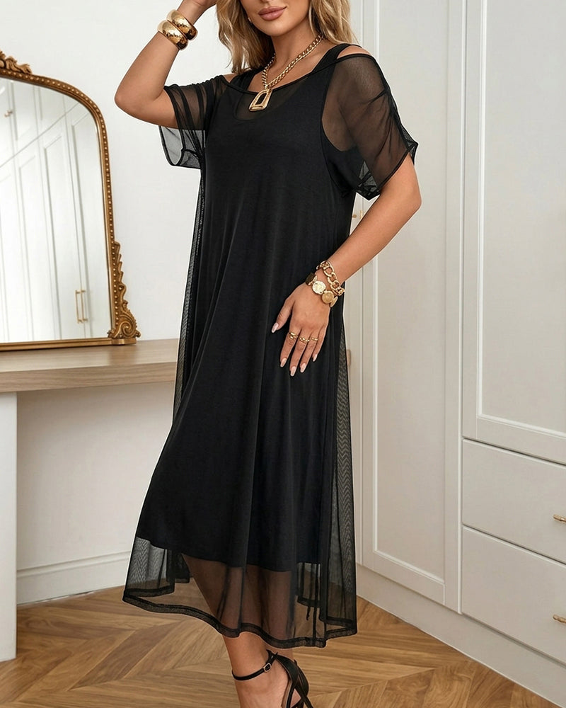 Tank midi dress with mesh overdress set, back view