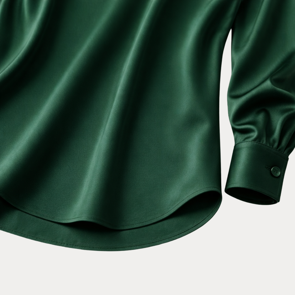 Satin V-neck long sleeve blouse – fabric detail close up green