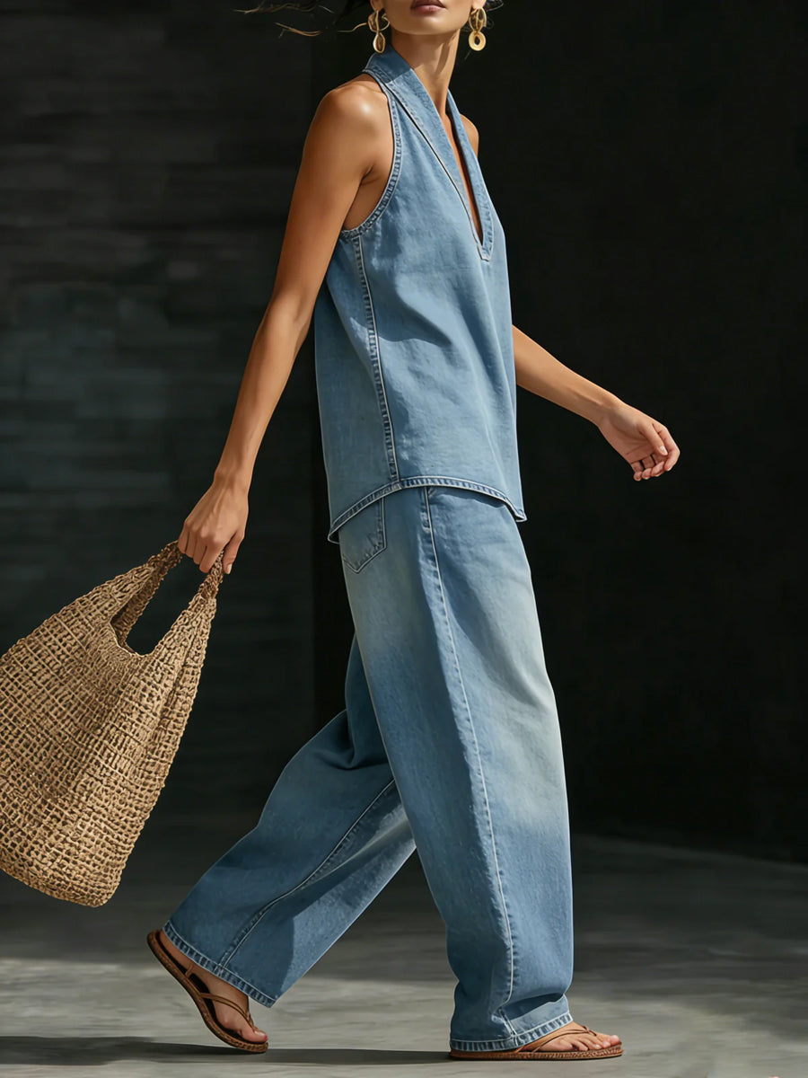 Denim Halter V-Neck Vest Top