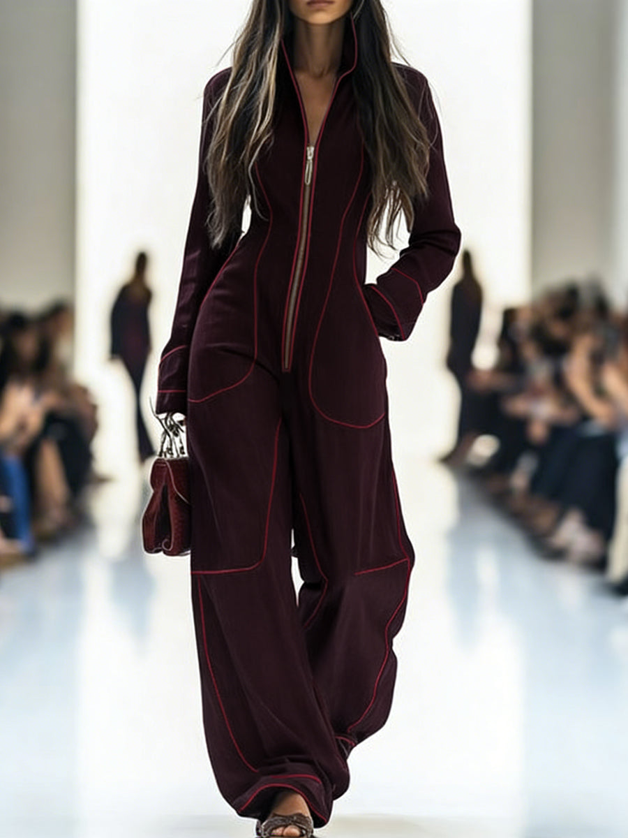 Denim Long Sleeve Jumpsuit with Stand Collar and Wide Leg