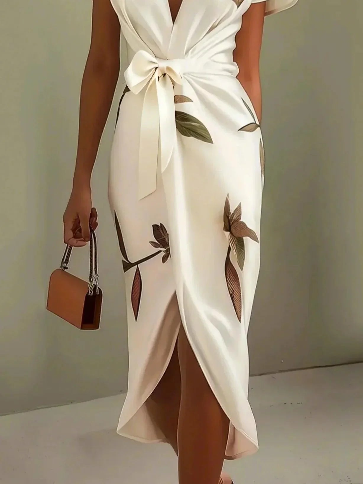 Women's leaf print wrap maxi dress tie detail and neckline close-up