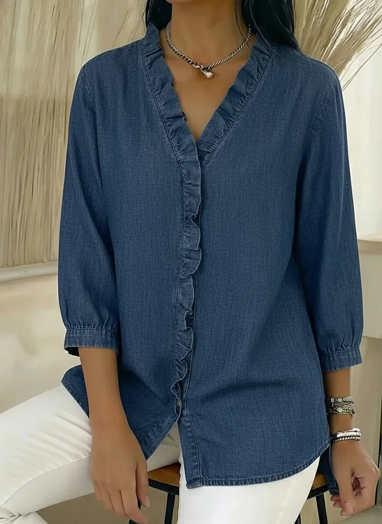 Ruffled denim V-neck shirt, close-up ruffle and fabric detail | Alba Muse