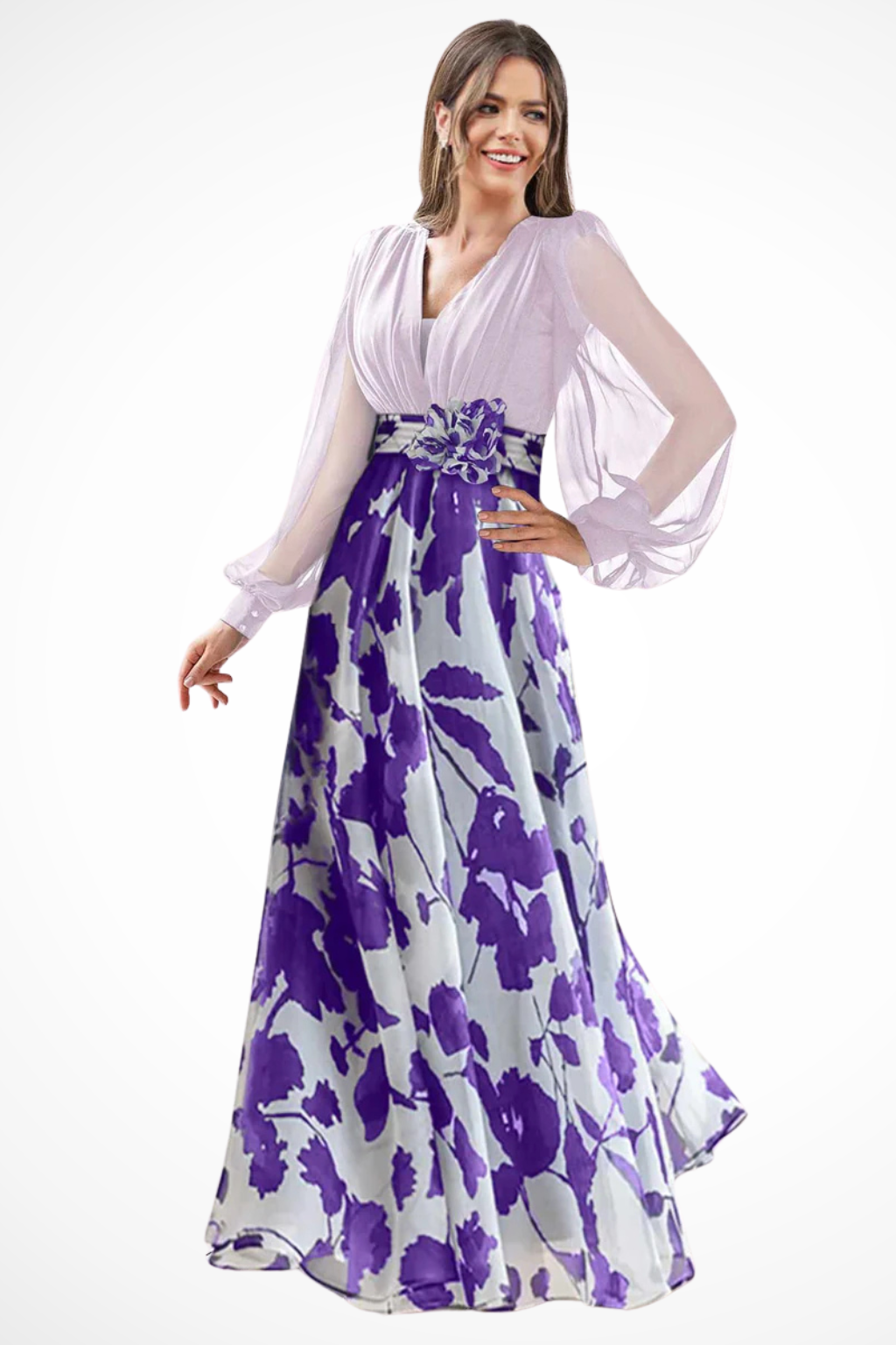 Women's floral maxi dress back view flowing skirt