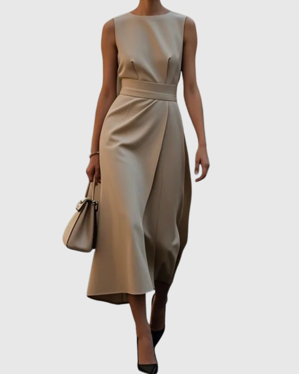 Round Neck Sleeveless Draped Midi Dress