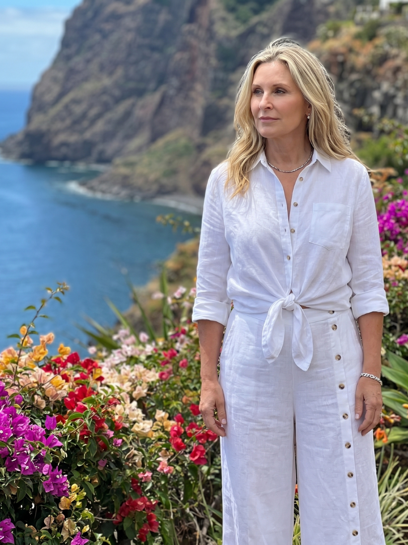 Long sleeve tie front top and trousers set, back view showing fit